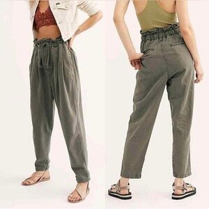 Free People Paper Bag High Waist Pants Women's L Green Cotton Blend Drawstring